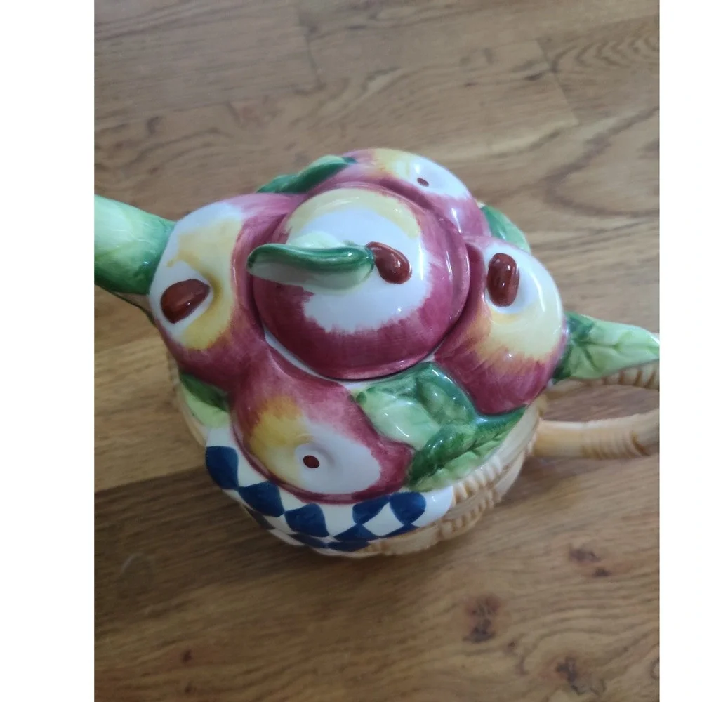 Vintage Ceramic Apple Basket Teapot Country Cottage Core Kitchen Decor